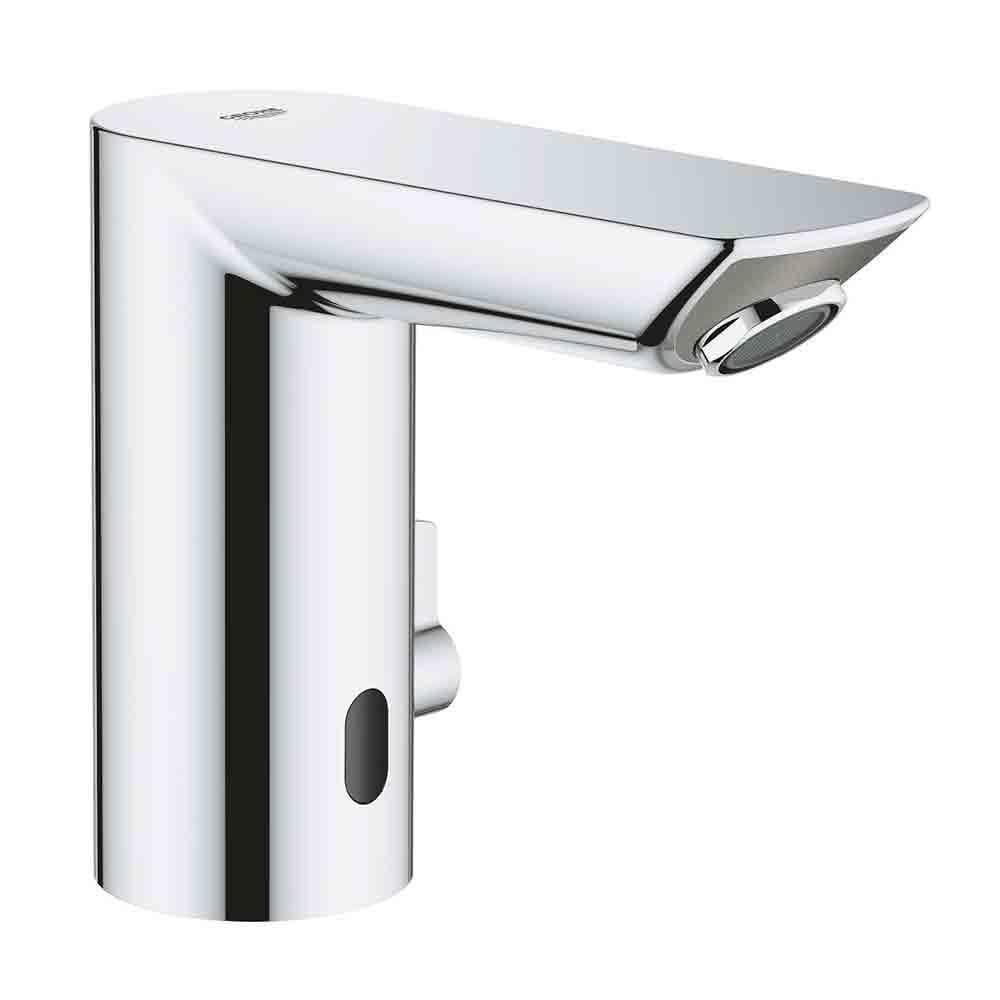 GROHE Bau Cosmopolitan E - Infrared Sensor Touchless Basin Mixer Tap with Mixing Device (Water Saving Technology, Mains Powered, 7 Pre-Set Programs, Tails 3/8 Inch), Size 123 mm, Chrome, 36453000