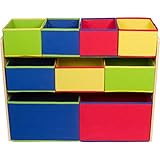 KC CUBS Clean N Tidy Children's Wood & Fabric Toy Organizer & Storage Rack Display for Boys & Girls Kids Playroom, Baby Nursery, Classroom Daycare and Toddler Bedrooms with 9 Bins, Primary Colors