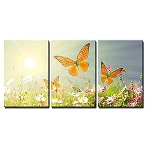 3 Piece Canvas Wall Art - Summer Flowers with Blue Sky - Modern Home Art Stretched and Framed Ready to Hang - 16"x24"x3 Panels