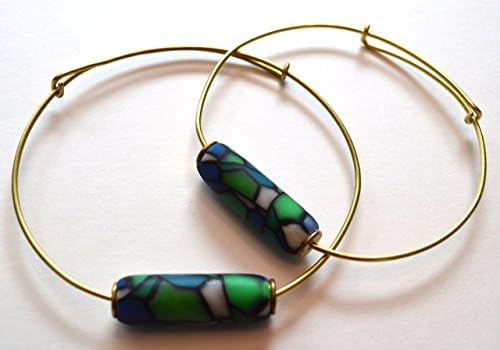 Double Barrel Polymer Bead © &amp; brass wire expandable bangle bracelet, blue/green stained glass polymer clay finish, bullet bead bracelet