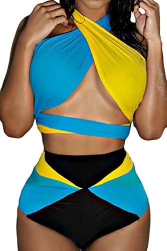 SEXYARN Women's Criss Cross Vintage Retro High Waist Bikini Set Swimsuit Swimwear (L, Blue & Yellow)