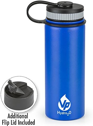 VP Hydro2o Double-Walled Vacuum Insulated 18/8 Stainless Steel Power Coated Water Bottle Includes Flip Top and Wide Mouth Lid, 18oz.