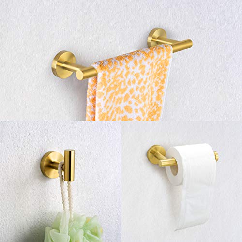 Nolimas 3-Pieces Brushed Gold Bathroom Hardware Set SUS304 Stainless Steel Round Wall Mounted - Includes 12" Hand Towel Bar,Toilet Paper Holder,Robe Towel Hooks,Bathroom Accessories Kit