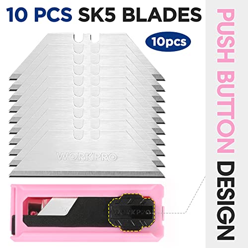 WORKPRO Folding Utility Knife, Quick Change SK5 Box Cutter, Pink Razor Knife for Boxes, Cartons, Cardboard, 10 Extra Blades Included