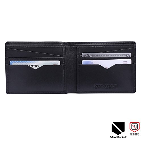 Silent Pocket Black Leather RFID Blocking Bi-Fold Wallet (Jet Black)