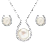 EVER FAITH Women's 925 Sterling Silver CZ Freshwater Cultured Pearl Elegant Necklace Stud Earrings Set