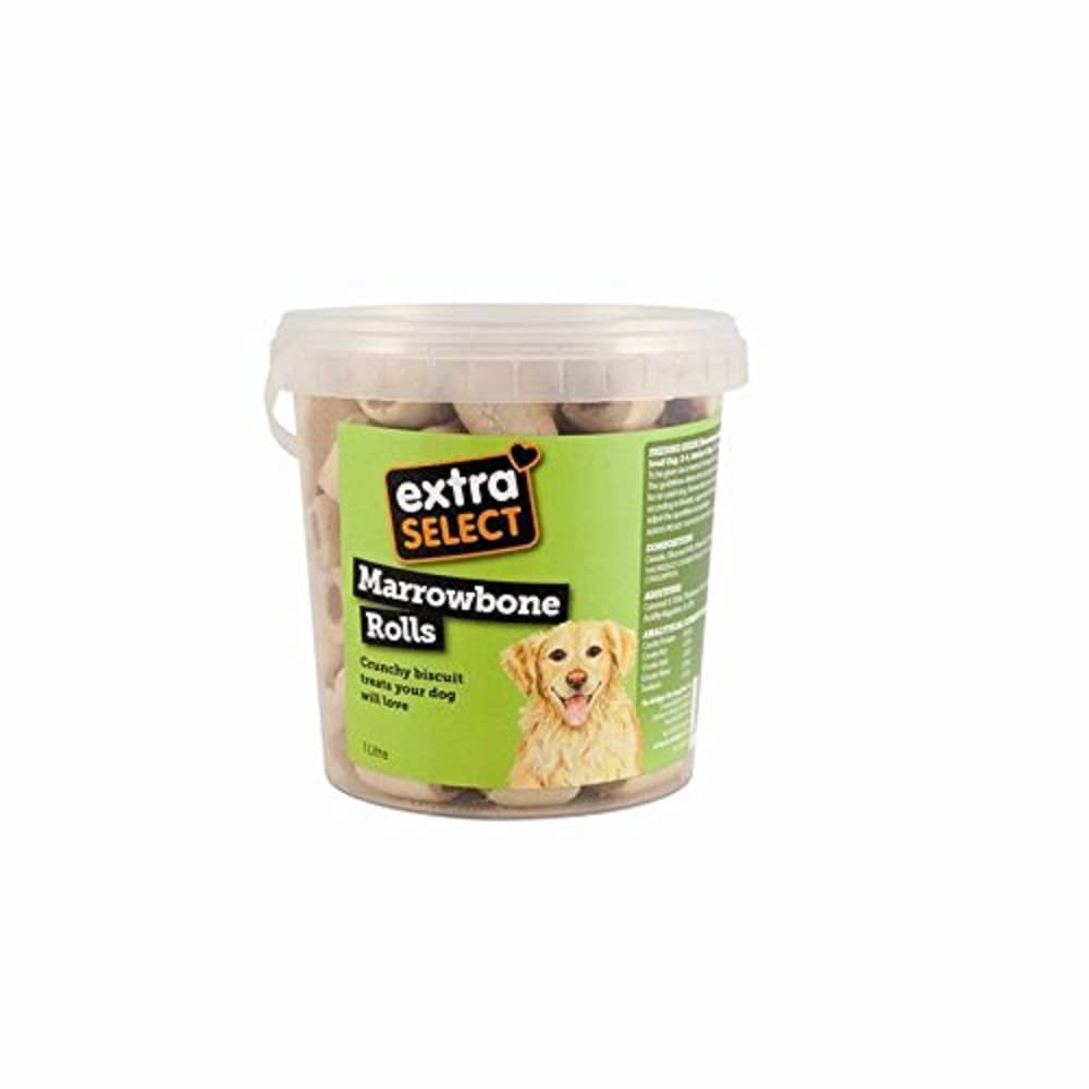 Extra Select Marrowbone Rolls Dog Treat - Crunchy Biscuits & Snacks with Meaty Center - Marrow Bone Puppy Treats & Bedtime Biscuits for Dogs - 1 Litre Resealable Tub