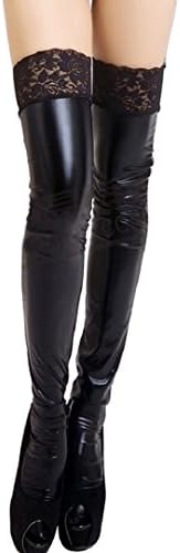 LA HAUTE Sexy Patent Leather Thigh High Stockings Lace Leggings Lingerie Tights Evening Party Clubwear
