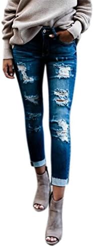Women's Juniors Fashion Ripped Distressed Stretchy Slim Denim Skinny Jeans Blue