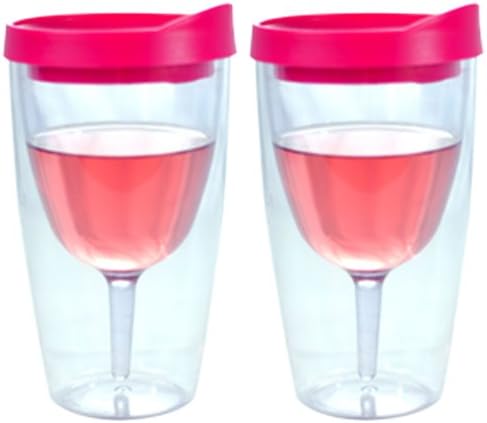 Southern HomewaresWine Tumbler 10oz Insulated Vino Double Wall Acrylic With Pink Drink Through Lid Wine 2Go, (SH-10086-S2) Set of 2