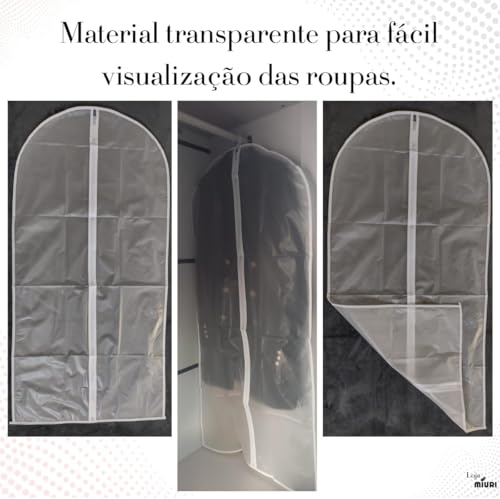 Kit 5 Capas Protetoras para Roupas com Zíper Transparente, 60x120cm, Impermeável e Anti Poeira, Ideal para Terno, Vestido, Casaco, Jaqueta e Organização de Guarda-Roupa