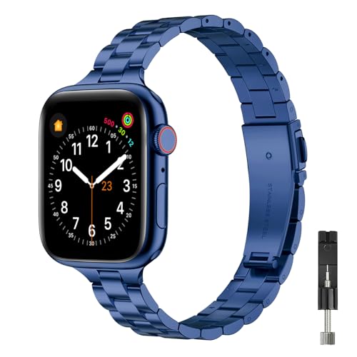 OMIU Thin Band Compatible with Apple Watch 40mm 38mm 41mm 42mm 44mm 45mm 49mm, Premium Stainless Steel Metal Replacement Adjustable Wristband Strap for iWatch Ultra SE Series 9/8/7/6/5/4/3/2/1 Women Men (Blue, 42mm 44mm 45mm 49mm)