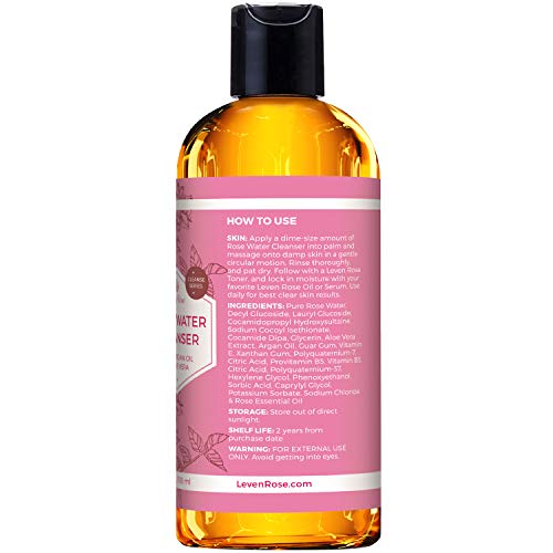 Rose Water Facial Cleanser by Leven Rose with Argan Oil & Aloe Vera, Gentle Foaming, Anti-Aging, Stops Breakouts, Balances pH, Great for All Skin Types Cleanser 4 oz