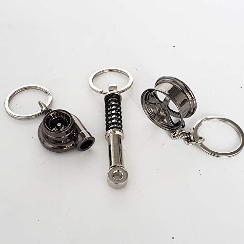 Ispeedytech 3 Auto Part Model Metal Keychain/Key Ring/Holder Set- Wheel Rim Tyre,Spinning Turbo, Spring Shock Absorber Keychain