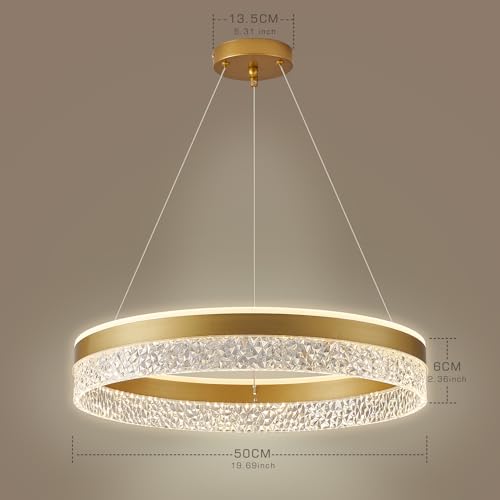 KSIBNW Dimmable LED Pendant Chandelier, Modern Chandelier Bedroom Living Room Adjustable Round Diameter 50 cm Acrylic Metal Pendant Light Gold Hanging Kitchen Lights, 3000 K/4000 K/6000 K