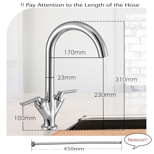 Funime® Kitchen Sink Mixer Taps Monobloc Swivel Spout Chrome Brass Dual Lever with Hoses Traditional Kitchen Mixer Taps 1 Hole
