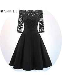 Vestido de encaje para mujer, estilo vintage, con cuello floral, manga larga, 3 4, para cóctel, fiesta