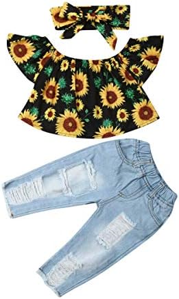 Kids Baby Girls Sunflower Off Shoulder Tops+Ripped Denim Pants+Headband Outfits Set Toddler Clothes