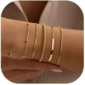 Warshion Gold Bracelets for Women Dainty 14K Gold Plated Stackable Bracelet Stack Set Trendy Thin Ring Bracelet Hand Chain Ad
