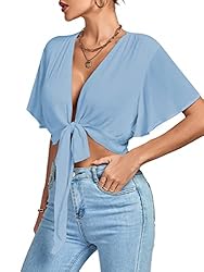 LYANER Women's Deep V Neck Tie Front Knot Wrap