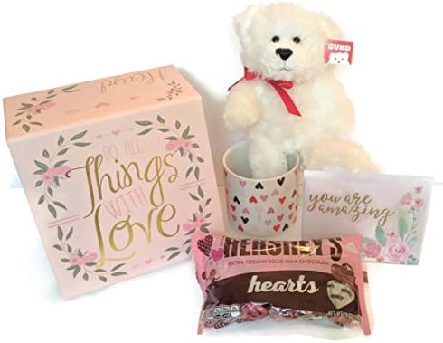Valentines Day Gifts for Her Deluxe Bundle with Decorative Keepsake Box, Gund Teddy Bear, Coffee Mug, Hersheys Solid Milk Chocolate Hearts, and Note Card
