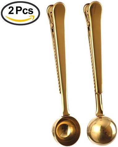 YZDING 2Pcs Stainless Steel Coffee Scoop,Measuring Spoon with Sealing Clip,Color Gold