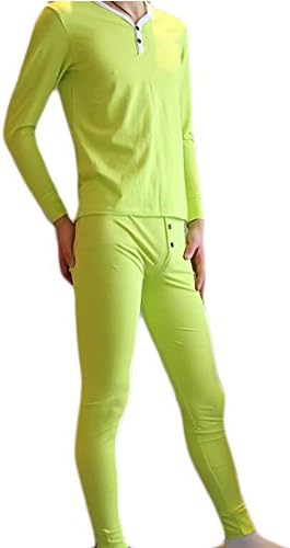 Tymhgt Men Thermal Underwear Set V-Neck Long Sleeve Top and Bottom Sleepwear Green XS