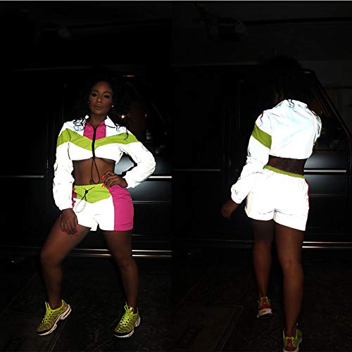 Women Sexy Reflective 2 Piece Outfits Short Pant Sets Long Sleeve Crop Tops Rompers Clubwear Grey Rose XL - Thumbnail 2