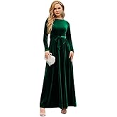 ABEHIK Women's Fall Dresses Long Sleeve Velvet Formal Maxi Dress with Belt Casual Cocktail Wedding Guest Party Long Dress