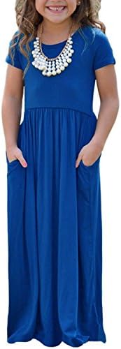 Jevole Girls Cap Sleeve High Waist Long Maxi Casual Dress Size 4-14 Years Old(Blue,12-13)