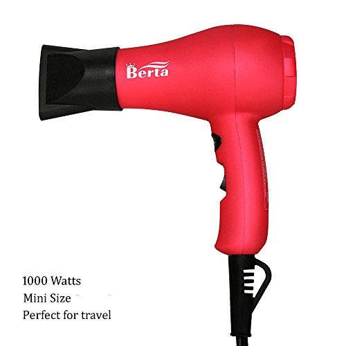 BERTA 1000 Watts Mini Hair Dryer Ceramic Ions Travel Blow Dryer, Pink