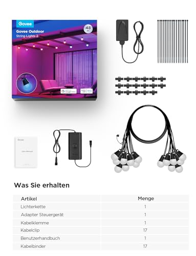 Govee Outdoor LED Lichterkette Außen 2, 15M Dimmbare RGBICW Lichterkette mit 16 Millionen Farben und 47 Szenenmodi, 100lm pro LED Lebensdauer 25000h, IP65 Wasserdicht, Funktioniert mit Google Home