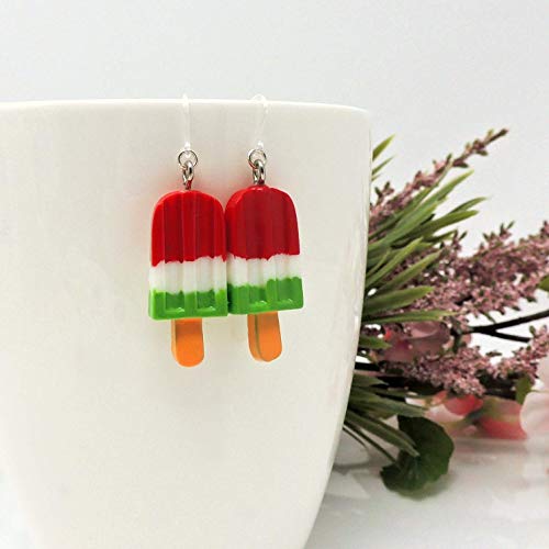 Popsicle Dangle Earrings on Clear Plastic Hooks, Red, White, Green - Thumbnail 3