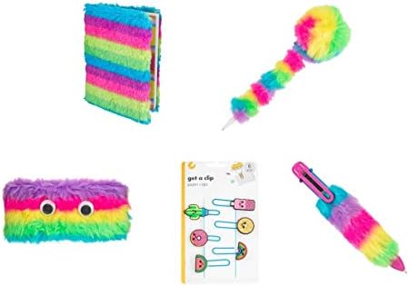 Mega 10 Pc Fluffy Rainbow Stationery Set - Pencil Case - Cute Fluffy Pen - 6 Colour Rainbow Pen - A6 Fluffy Notebook - Pk of Fluffy Clips Furry Note Paper Boys Girls School Students Kids Back to School Stationary