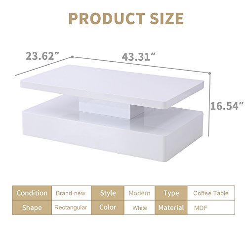 Mecor Modern Glossy White Coffee Table W/LED Lighting, Contemporary Rectangle Design Living Room