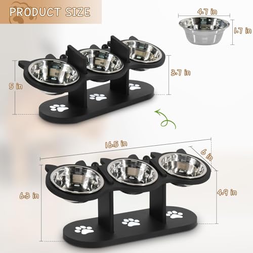 Elevated Cat Food Bowls for Indoor Cats with Adjustable Height Stand and Black Shelf, 3 Stainless Steel Bowls Tilted at 15° for Better Eating Posture, Ideal for Cats and Small Pets (Black)