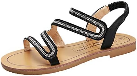 DRAGONHOO Sandals for Women,Summer Women' Shoes Open-Toe Rhinestone Flat Sandals Elastic Band Casual Sandals