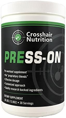 Press-On pre-workout supplement from Crosshair Nutrition (30 servings), contains Creatine, Carnosyn Beta Alanine, Citrulline, and other amino acids