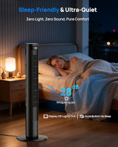 Tower Fan 92 cm with Adjustable LED Screen (Total Off) and Remote Control with Mute Button, Silent Column Fans 28dB, 6 Speeds+5 Modes, Oscillation 70°, 8 m/s, Timer 12h