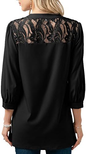 Anlarhh Women's Notch Neck 3/4 Sleeve Front Button Chiffon Floral Lace Patchwork Loose Fit Tunic Blouses Tops