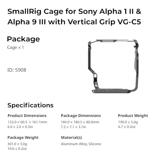 SMALLRIG Sony Alpha 1 II/9 III Cage with Vertical Grip VG-C5, Three-Point Lock, with Integrated Ark Plate and Versatile Mounting Options - 5908