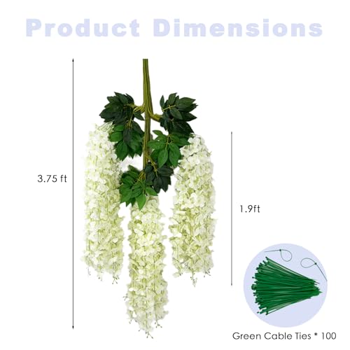 BIRDDIE 24 Pcs Artificial Plants Decorative, Artificial Flowers Decoration, Artificial Wisteries, Hanging Garland for Background, Wedding, Garden and Home Wall Decoration (White)