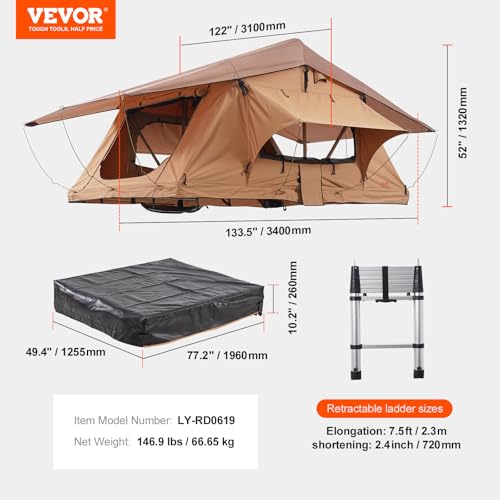 VEVOR Rooftop Tent Hard Shell,Rooftop Tent Hardshell, with Telescopic Ladder Mattress PVC Cover Bag, Waterproof for Jeep SUV Van Pickup Truck