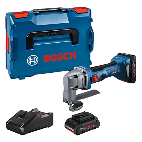 Bosch Professional GSC 18V-16 E 18V System Battery Tin Snips (Power 700 W, Handle Width 156 mm, Brushless Motor Technology, Includes 2X 4.0Ah ProCORE Battery, Quick Charger GAL 18V-40, L-BOXX)
