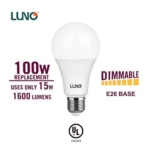 LUNO A21 Dimmable LED Bulb, 15W (100W Equivalent), 1600 Lumens, 4000K (Neutral White), Medium Base (E26), UL Certified (4-Pack)