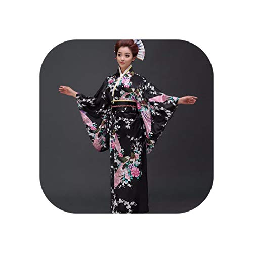 Black Peafowl Japanese Kimono Women's Polyester Satin Kimono Dress Kimono,Black,One Size