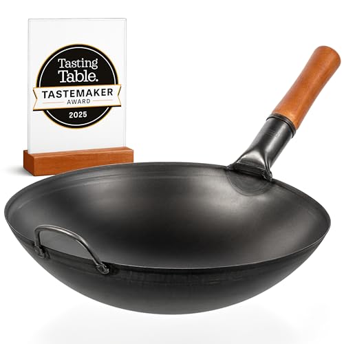 YOSUKATA Professional Wok Pan 36 cm – Traditional Round Base in Preconditioned Carbon Steel – Original Chinese – Large Pot – Compatible with Gas and Open Fire (Black)