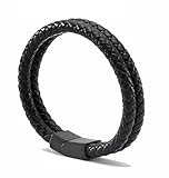 Meangel Genuine Leather Bracelet for Men Stainless Steel Braid Bangle With Magnetic Buckle Clasp