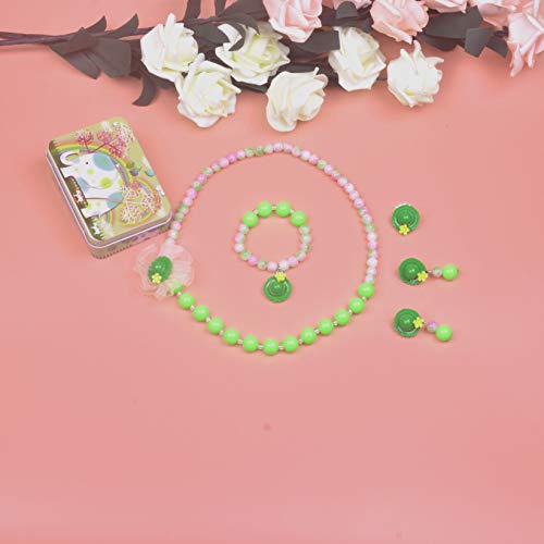 Larcenciel Kids Jewelry Necklace Bracelet Ring Earring Set Flowers Pendant Bubblegum Chain for Little Girls Children Play Pretend Dress Up (Green hat)