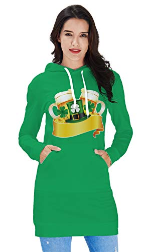 Womens Hoodie Sweatshirt Dresses 3D Digital Print Kawaii Green Clover Golds Beer Holiday Casual Fancy Loose Fit Drawstring Crew Neck Spring Baggy Soft Dress Up with Pocket The Feast of Saint Patrick